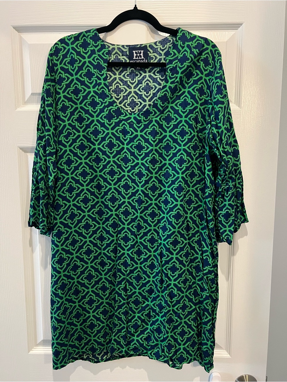 Escapada green and blue geometric print V-neck tunic dress size xl